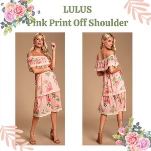 LULUS Blush Floral Print Off-the-Shoulder Tiered Midi Dress
